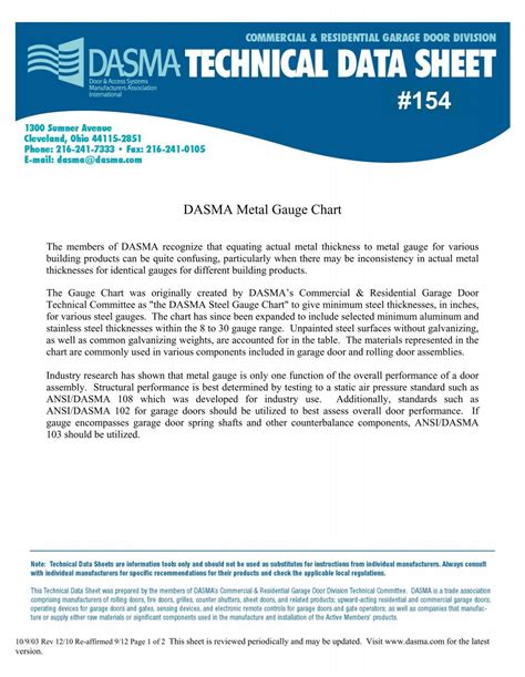 TDS 154 DASMA Steel Gauge Chart